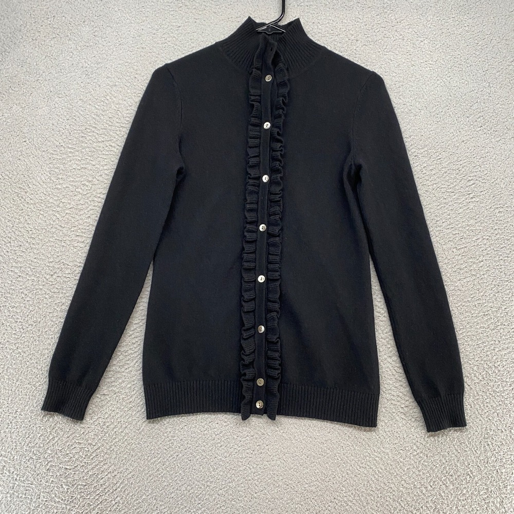 McDuff Cashmere Cardigan Sweater Womens XS Ruffle Luxury Black Mock Neck